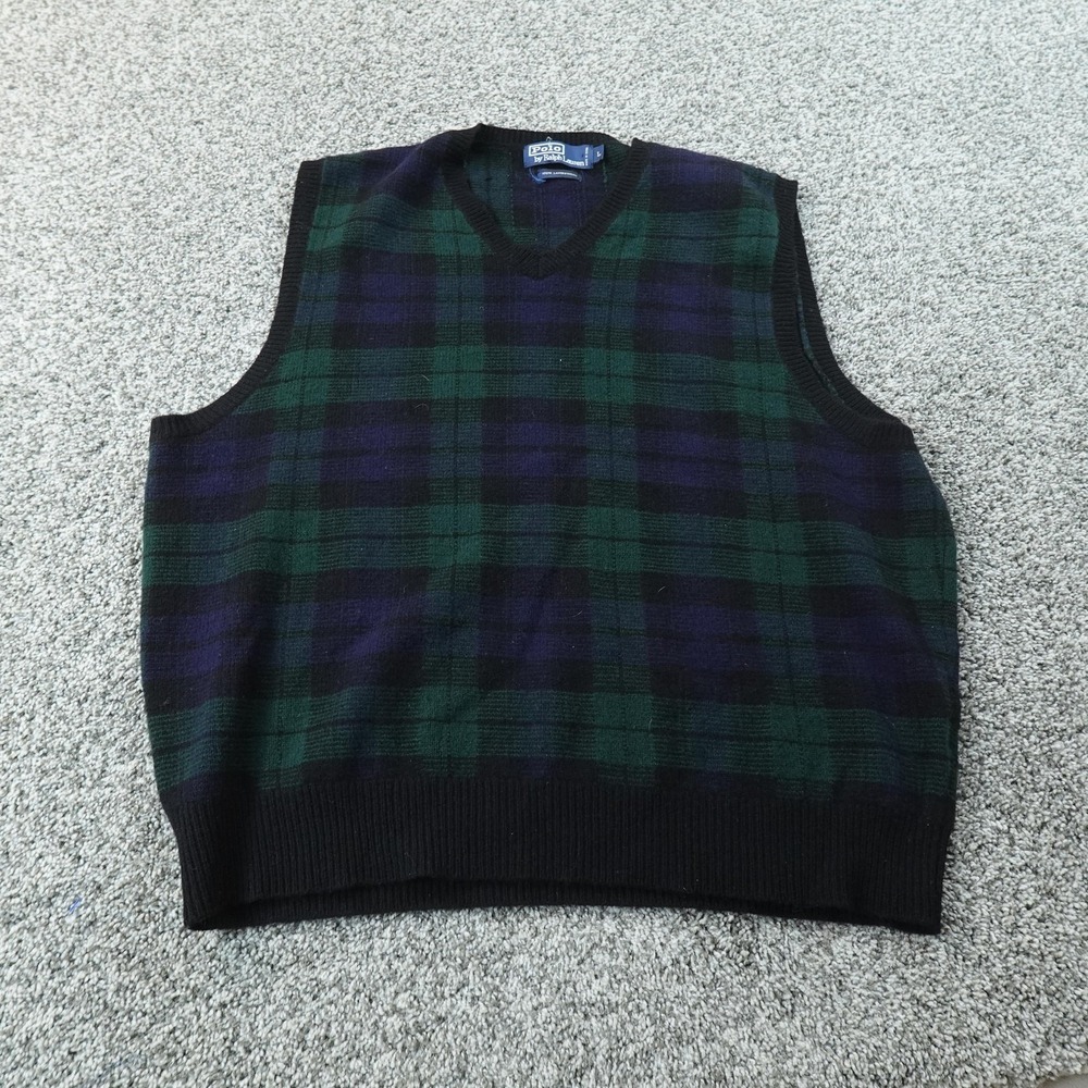 VTG Polo Ralph Lauren Vest Mens L Blackwatch Tartan Plaid Lambswool Sweater 90s - Picture 2 of 7